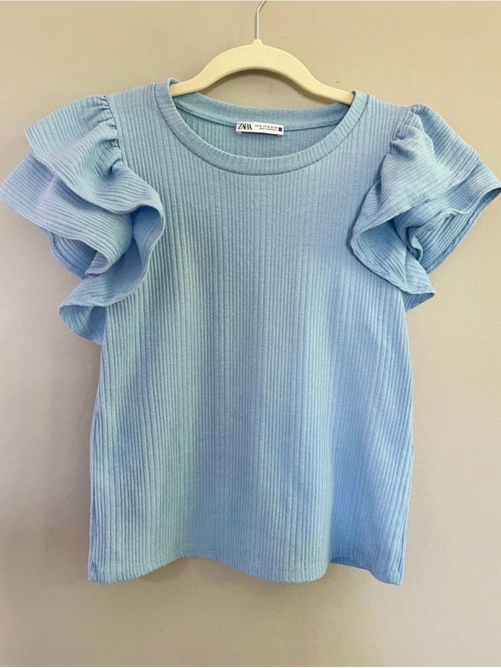 Zara Pastel Blue Ribbed Top with Ruffle Sleeves